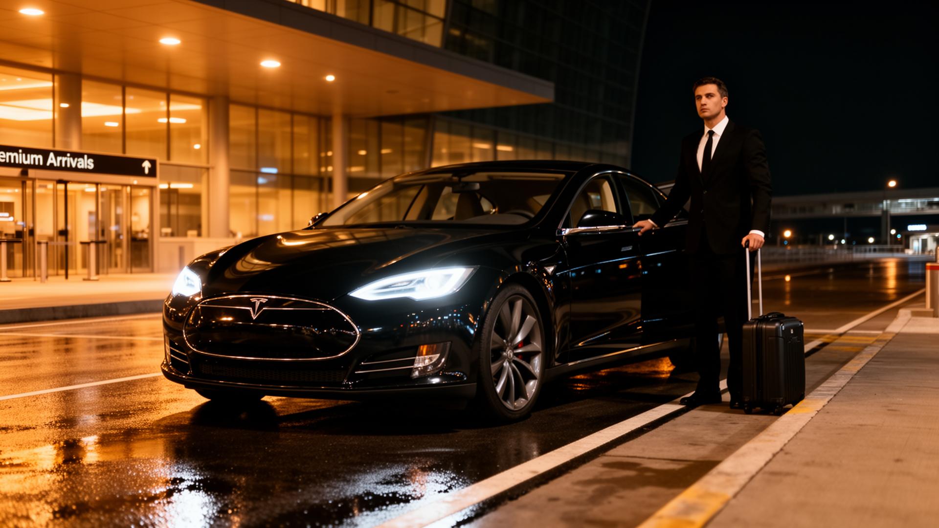 Black Tesla Model S waiting curbside at a luxury airport arrivals lane at night with a discreet professional driver