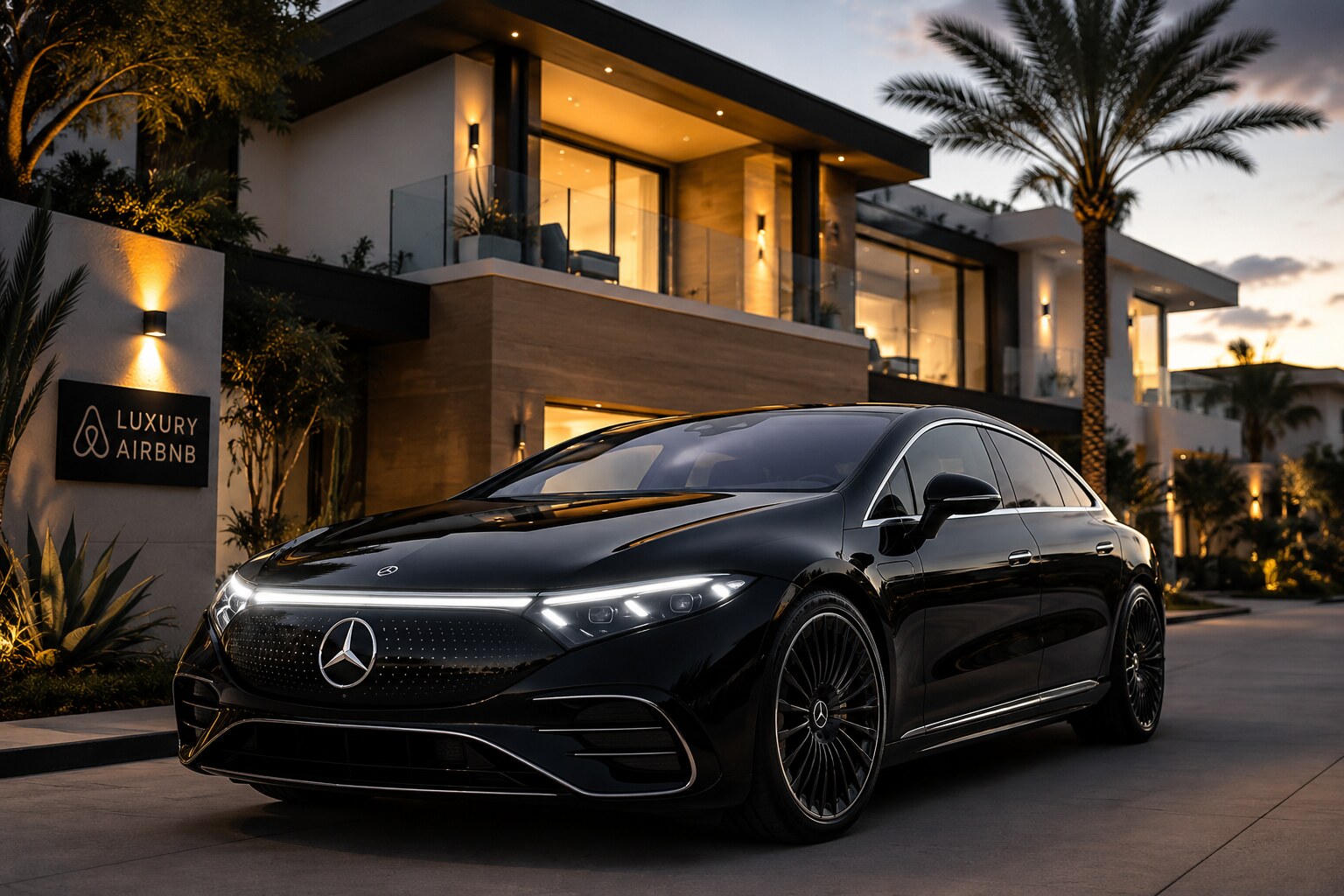 Black Mercedes-Benz EQS parked in the driveway of a luxury modern villa at dusk