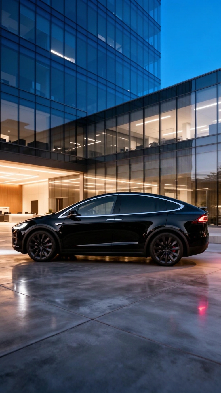 Black premium electric vehicle parked outside a modern corporate office building at blue hour