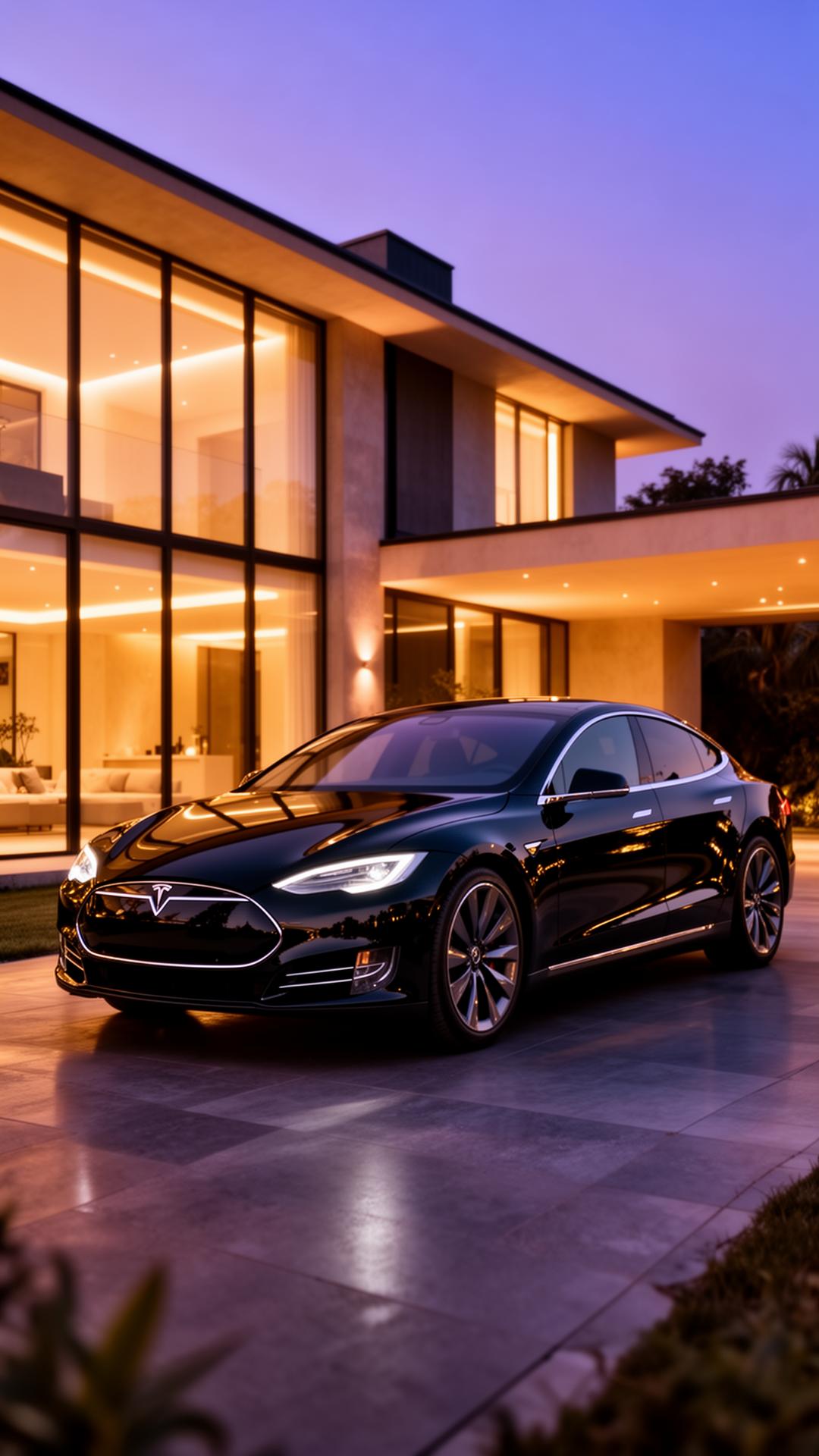 Black Tesla Model S staged in the driveway of a modern luxury villa at dusk with warm interior lighting
