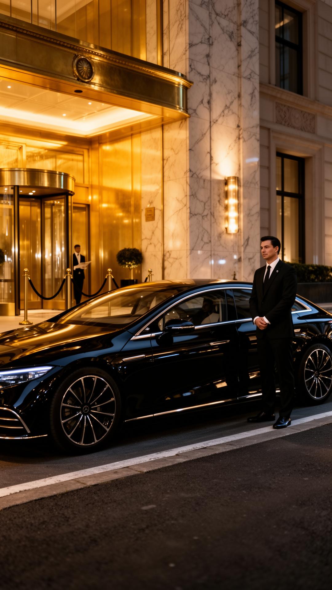 Black Mercedes EQS curbside outside a luxury hotel entrance with a discreet professional driver in a black suit